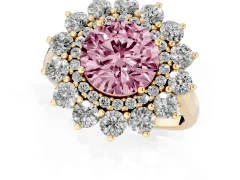 Fancy Pink Round Cut Diamond Floral Double Halo Ring Set in Yellow gold with Round Petals
