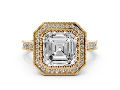Asscher Cut Diamond Halo Milgrain Pavé Band Ring Set in Yellow gold with Prong Setting