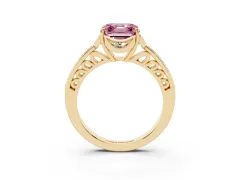 Fancy Pink Asscher Cut Diamond Halo Ring Set in Yellow gold with Channel Set Band and Prong Setting