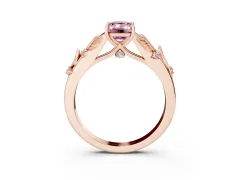 Fancy Pink Emerald Cut Diamond Solitaire Ring Set in Rose gold with Leaf Motif Band