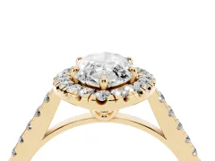 Marquise Cut Diamond Pavé Halo Engagement Ring Set in Yellow gold with Pavé Band and Prong Setting
