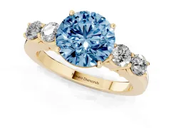 Fancy Blue Round Cut Diamond Five-Stone Prong Set Band Ring Set in Yellow gold with Polished Band
