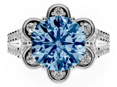 Fancy Blue Round Cut Diamond Floral Halo Split Shank Engagement Ring Set in Platinum with Pavé Shank