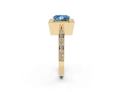 Fancy Blue Princess Cut Diamond Halo Engagement Ring Set in Yellow gold with Accent Split Shank Band