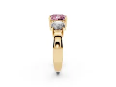 Fancy Pink Princess Cut Diamond Three-Stone Ring Set in Yellow gold with Round Side Stones and Classic Band