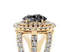 Fancy Black Oval Cut Diamond Double Halo Ring Set in Yellow gold with Round Pavé Split Shank