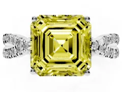Fancy Yellow Asscher Cut Diamond Twist Pavé Solitaire Engagement Ring Set in Silver with Prong Setting