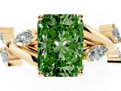 Fancy Green Radiant Cut Diamond Solitaire Ring Set in Yellow gold with Twisted Marquise Accent Band