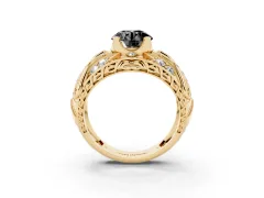 Fancy Black Round Cut Diamond Art Deco Ring Set in Yellow gold with Pavé Split Shank