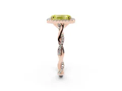 Fancy Yellow Emerald Cut Diamond Halo Twist Band Solitaire Ring Set in Rose gold with Prong Setting