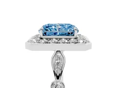 Fancy Blue Radiant Cut Diamond Halo Engagement Ring Set in Platinum with Twisted Band and Prong Setting