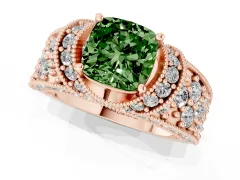 Fancy Green Cushion Cut Diamond Milgrain Halo Pavé Engagement Ring Set in Rose gold with Prong Setting