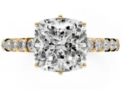 Cushion Cut Diamond Solitaire Engagement Ring Set in Yellow gold with Pavé Band and Prong Setting