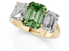 Fancy Green Emerald Cut Diamond Three-Stone Ring Set in Yellow gold with Plain Polished Band