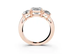 Asscher Cut Diamond Three-Stone Ring Set in Rose gold with Round Side Stones and Classic Band