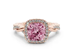 Fancy Pink Cushion Cut Diamond Halo Twist Band Solitaire Ring Set in Rose gold with Prong Setting