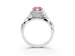Fancy Pink Cushion Cut Diamond Leaf-Inspired Engagement Ring Set in Platinum with Round Accents
