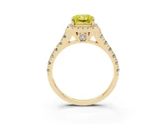 Fancy Yellow Radiant Cut Diamond Halo Engagement Ring Set in Yellow gold with Pavé Band and Prong-Set Center