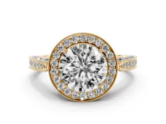 Round Cut Diamond Halo Engagement Ring Set in Yellow gold with Accent Split Shank Band