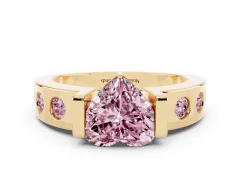 Fancy Pink Heart Cut Diamond Channel-Set Band Ring Set in Yellow gold with Bezel Prong Setting