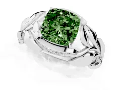 Fancy Green Cushion Cut Diamond Leaf-Inspired Engagement Ring Set in White gold with Round Accents