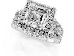 Asscher Cut Diamond Halo Split Shank Ring Set in Silver with Round Accent Stones and Prong Setting