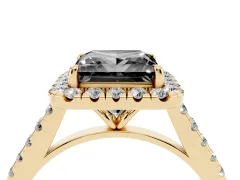 Fancy Black Princess Cut Diamond Halo Pavé Engagement Ring Set in Yellow gold with Prong Setting