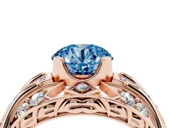 Fancy Blue Round Cut Diamond Art Deco Ring Set in Rose gold with Pavé Split Shank