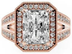Radiant Cut Diamond Halo Ring Set in Rose gold with Stone-Set Split Shank and Milgrain Edges