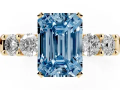 Fancy Blue Emerald Cut Diamond Five-Stone Prong Set Engagement Ring Set in Yellow gold with Channel Band
