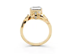 Asscher Cut Diamond Solitaire Twist Engagement Ring Set in Yellow gold with Pavé Leaf Accents