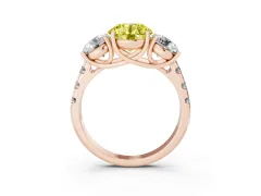 Fancy Yellow Round Cut Diamond Three-Stone Ring Set in Rose gold with Pavé Band