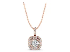 Round Diamond Double Halo Pendant Set in Rose gold with Pavé Rings and Prong-Set Center