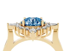 Fancy Blue Round Cut Diamond Cluster Halo Ring Set in Yellow gold with Marquise and Round Accents