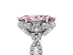 Fancy Pink Marquise Cut Diamond Halo Twist Band Solitaire Ring Set in White gold with Prong-Set Center Stone