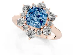 Fancy Blue Cushion Cut Diamond Cluster Halo Ring Set in Rose gold with Solitaire Band and Prong Setting