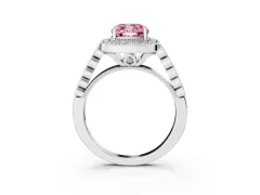 Fancy Pink Cushion Cut Diamond Milgrain Halo Solitaire Ring Set in White gold with Bezel Set Side Stones and Pavé Band