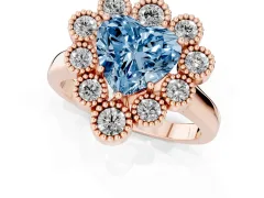 Fancy Blue Heart Cut Diamond Cluster Halo Ring Set in Rose gold with Milgrain Bezel Accents and Plain Band