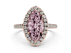 Fancy Pink Marquise Cut Diamond Pavé Halo Engagement Ring Set in Rose gold with Pavé Band and Prong Setting