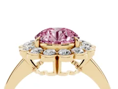 Fancy Pink Round Cut Diamond Halo Cluster Engagement Ring Set in Yellow gold with Solitaire Band and Prong Setting