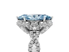 Fancy Blue Marquise Cut Diamond Halo Twist Band Solitaire Ring Set in Silver with Prong-Set Center Stone