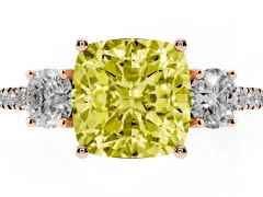 Fancy Yellow Cushion Cut Diamond Three-Stone Ring Set in Rose gold with Pavé Band and Graduated Sides