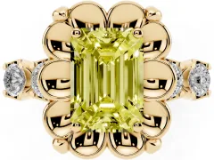 Fancy Yellow Emerald Cut Diamond Floral Halo Ring Set in Yellow gold with Shared Prong Band