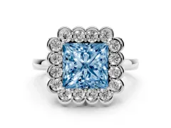 Fancy Blue Princess Cut Diamond Halo Cluster Engagement Ring Set in White gold with Solitaire Band and Prong Setting
