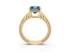 Fancy Blue Asscher Cut Diamond Solitaire Pavé Milgrain Engagement Ring Set in Yellow gold with Prong Setting