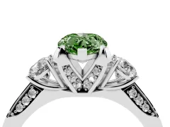 Fancy Green Pear Cut Diamond Three-Stone Ring Set in White gold with Pavé Band and Smaller Side Stones