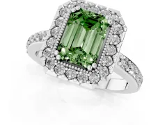 Fancy Green Emerald Cut Diamond Halo Ring Set in Platinum with Pavé Shank and Prong Setting