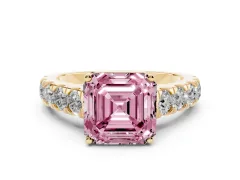 Fancy Pink Asscher Cut Diamond Solitaire Ring Set in Yellow gold with Cut-Down Micro Pavé Band and Prong Setting