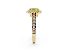 Fancy Yellow Emerald Cut Diamond Halo Engagement Ring Set in Yellow gold with Pavé Band and Prong-Set Center