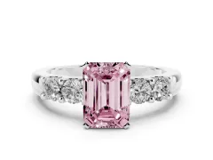 Fancy Pink Emerald Cut Diamond Five-Stone Prong Set Engagement Ring Set in White gold with Channel Band